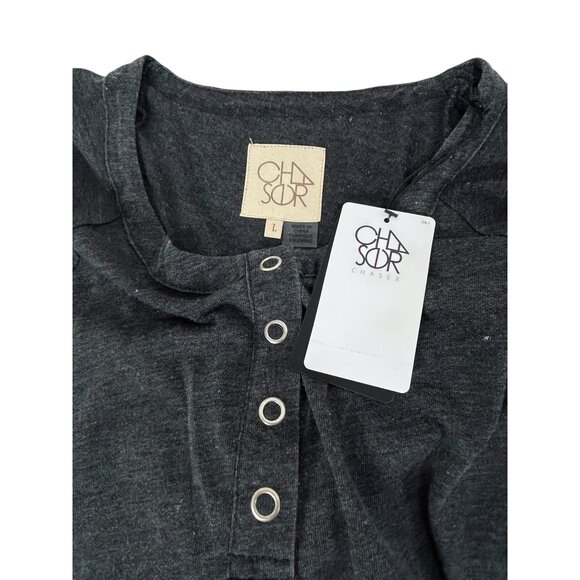 Chaser Top Women L Henley Shirttail Long Sleeve Heather Black Shirt Casual Norm - Picture 5 of 8